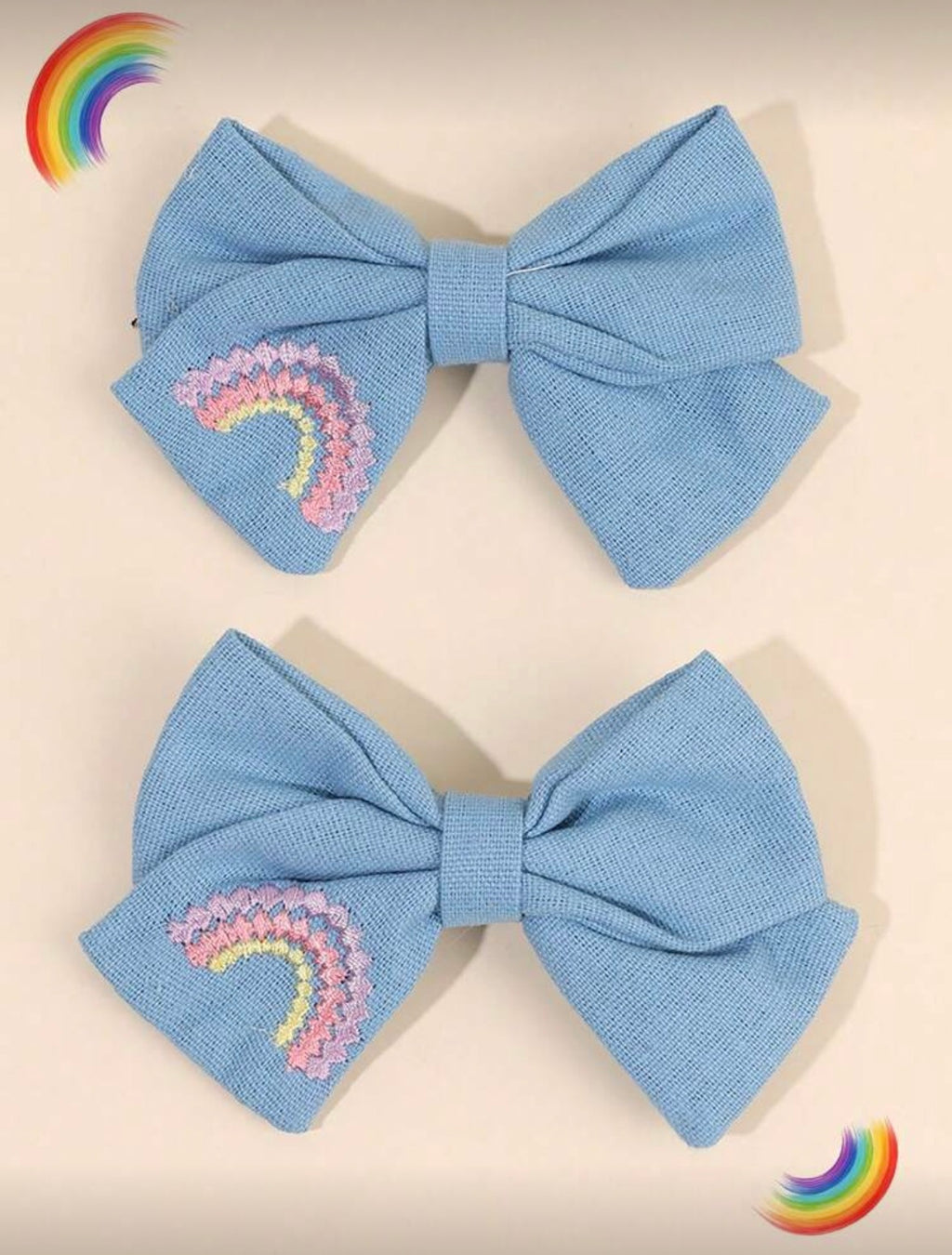 Rainbow emboidered blue bow hair clip