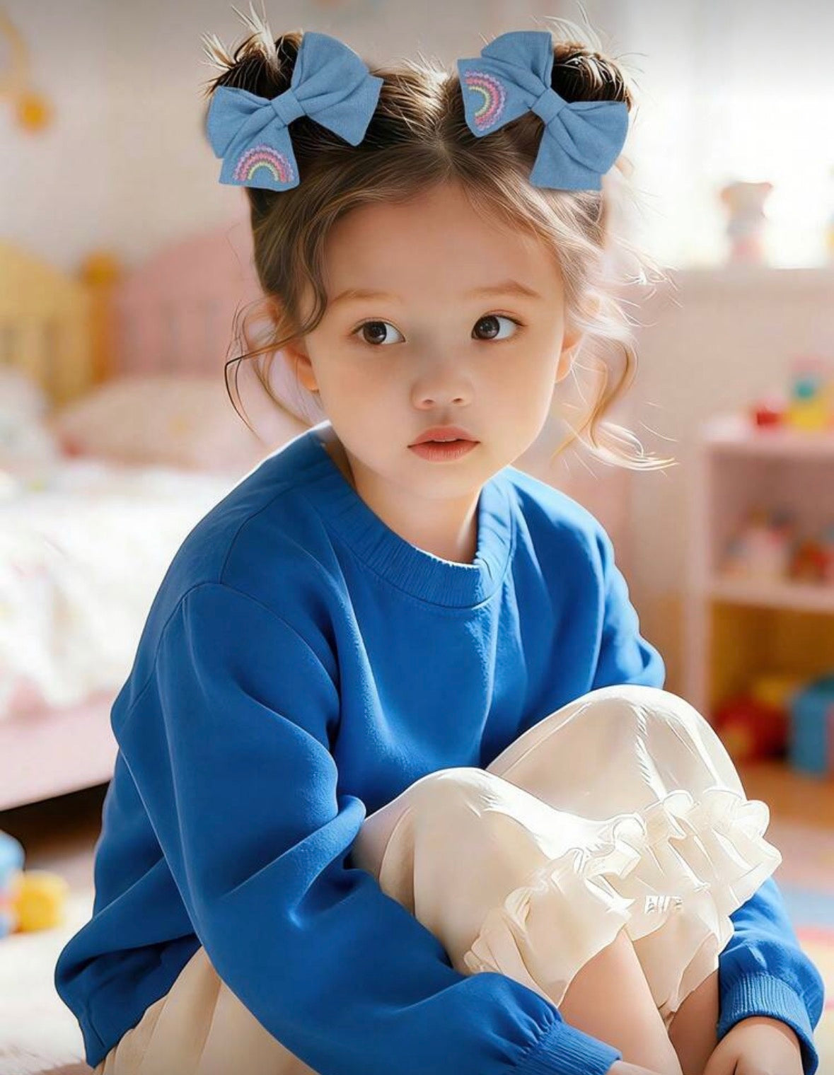 Rainbow emboidered blue bow hair clip
