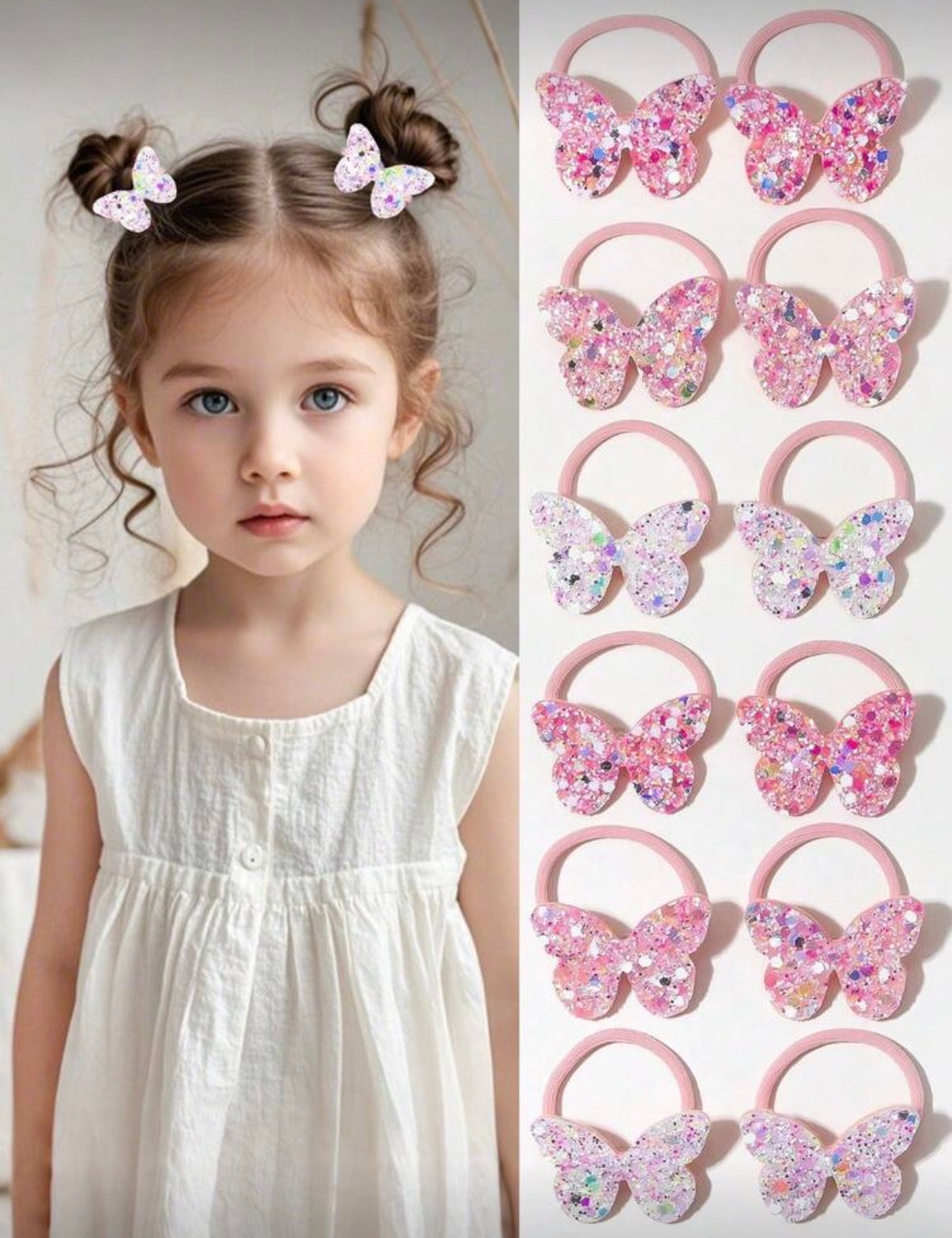 Colorful glitter butterfly elastic hair band - set of 10