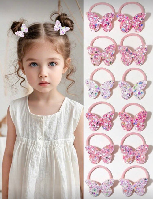 Colorful glitter butterfly elastic hair band - set of 10