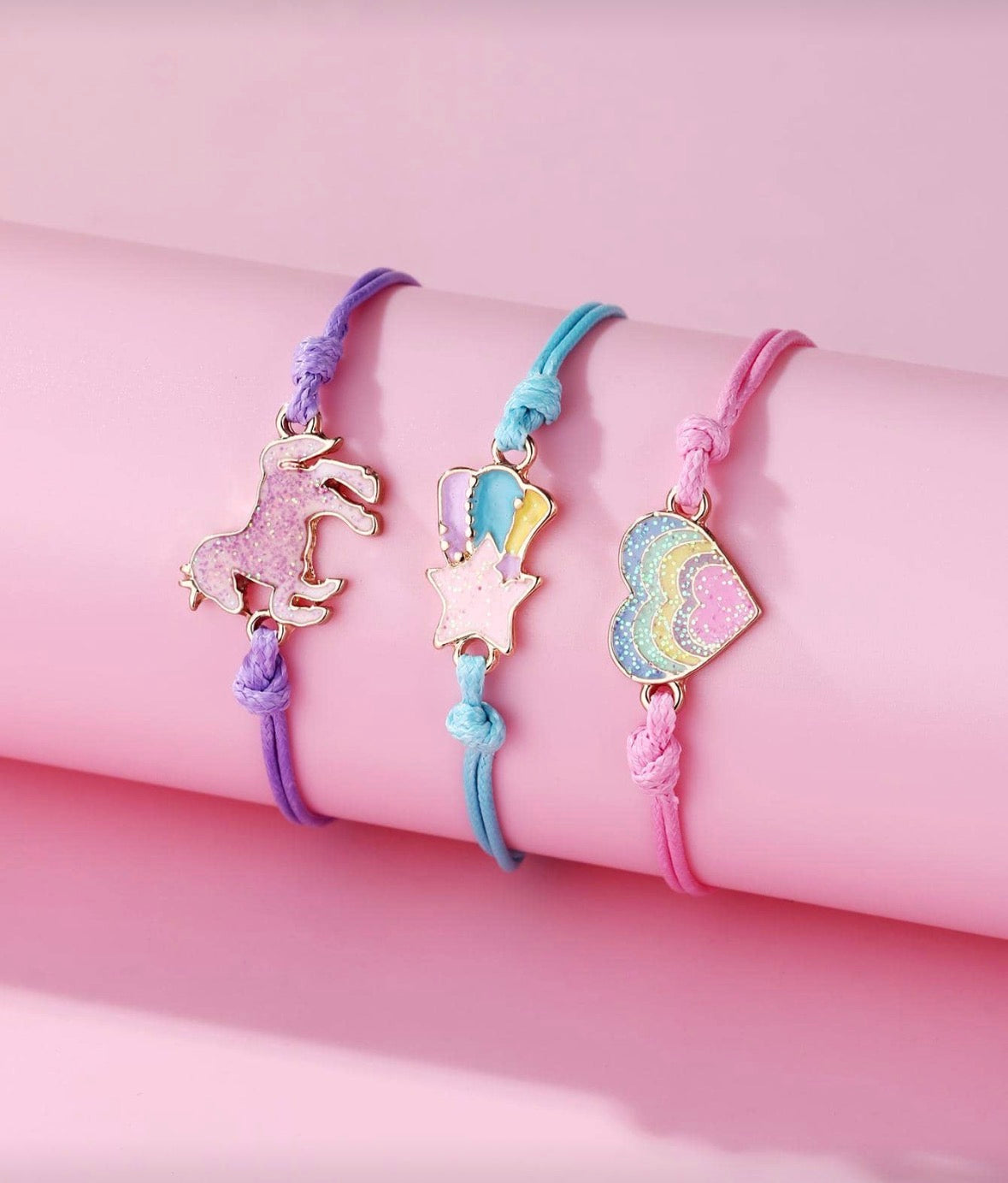 3 colorful bracelet set unicorn and heart