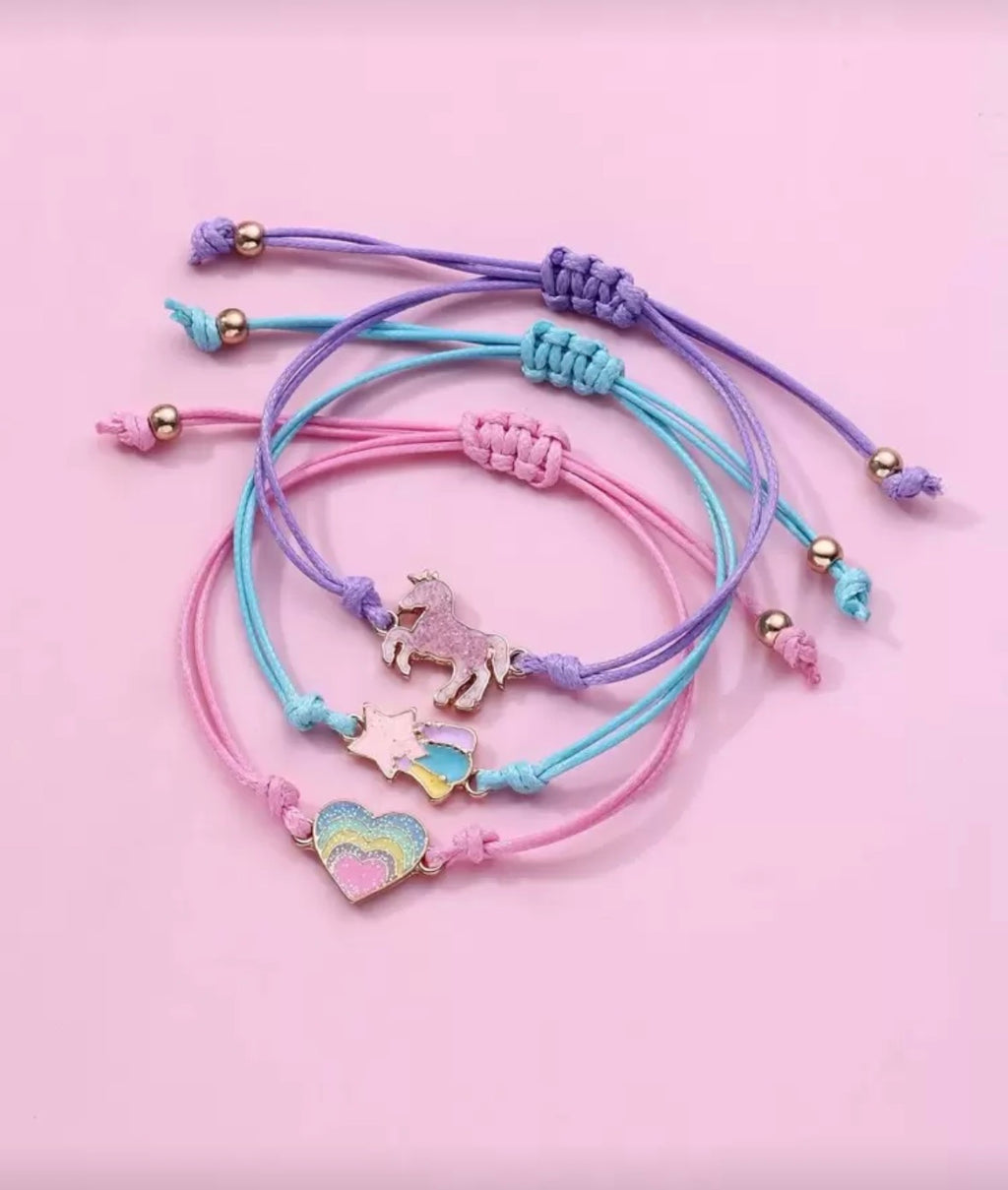 3 colorful bracelet set unicorn and heart