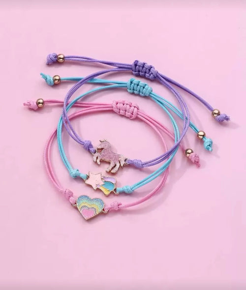3 colorful bracelet set unicorn and heart